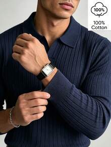 WAIT HIM 100% Cotton Men's Casual Solid Color Long Sleeve Ribbed Undershirt - Navy Blue - View 5