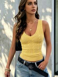 Freeform Autumn/Winter Women's Knit Sleeveless Vest Sweater, Regular Length, High Elasticity, Slimming, Elegant, V-Neck Cable Knit Pullover Yellow - Yellow - View 2