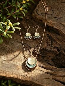 Cring Coco 4Pcs Women Retro Layered Green Gradient Enamel Jewelry Set, Irregular Snake Chain Necklace Drop Earrings Adjustable Ring Boho Statement Accessories - Geometry 1 - View 5