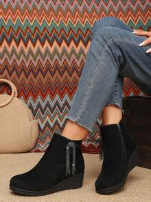 Vintage Black Suede Tassel Rhinestone Ankle Boots, Women's Autumn/Winter Thick Sole Wedge Heel Slimming Versatile Casual Boots - Black - View 6