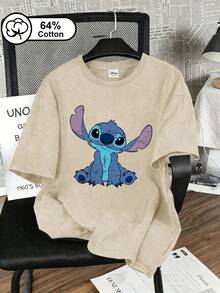 Disney 女款 T-shirt，做舊史迪奇印花，復古雪花水洗短袖上衣，適合戶外穿著，女款夏季上衣 - 杏色 - 查看 1