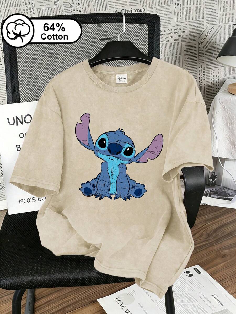 Disney 女款 T-shirt,做舊史迪奇印花,復古雪花水洗短袖上衣,適合戶外穿著,女款夏季上衣 - 杏色 - 查看 1