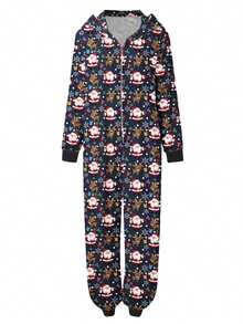 Family Matching Christmas Jumpsuits Pajamas Letter/Santa/Tree/Print Hooded Long Sleeve Playsuits Autumn Zipper Long Rompers - Blue Mom - View 2