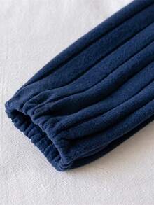 Girls Autumn/Winter Sweet 2 Pieces Set, Navy Blue Vertical Ribbed Crew Neck Puff Sleeve Long Sleeve Ruffle Top With 3D Bow Decor, Elastic Waist Denim Straight Leg Pants, Versatile For School, Daily Wear And Outings - Blue - View 5
