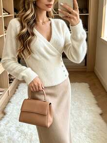 Women's Wrap V-Neck Solid Color Button Long Sleeve Knit Pullover Sweater, French Elegant Soft Comfortable Autumn/Winter Versatile Fashion - Apricot - View 5