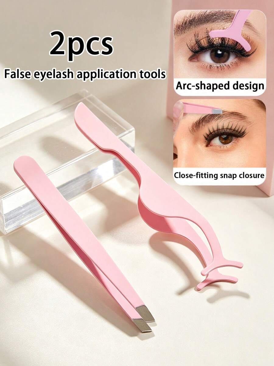 Eyebrow Tweezers & Eyelash Tweezers, 2pcs Elegant Solid Color Reusable Multifunctional Stainless Steel Lash Extension Tools For Women Mom Wife Sister Teen Girl Friend - Multicolor - View 1