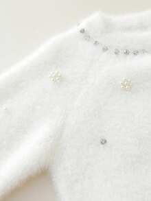 2pcs Set 1pc Girls Elegant Solid Color Beaded & Rhinestone Round Neck Raglan Sleeve Knit Pullover Sweater And 1pc Girls Solid Color Knit Long Pants, Suitable For School, Daily Casual, Spring, Autumn, Winter - White - View 5
