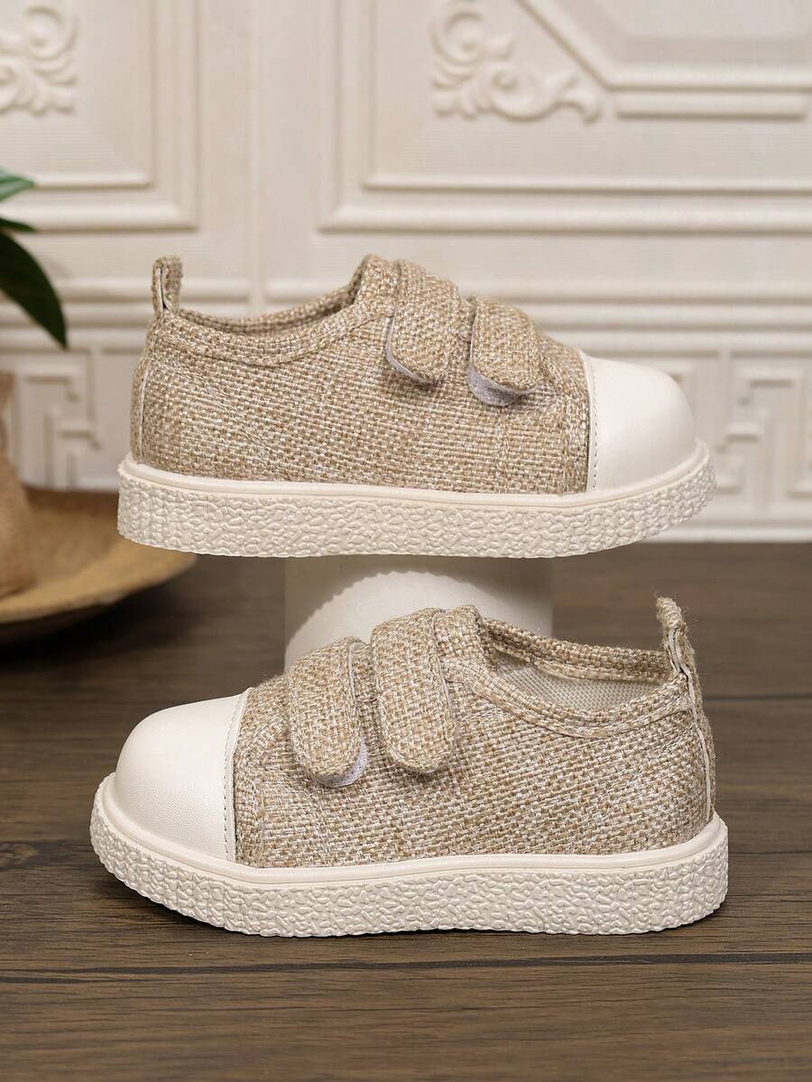New Lightweight Casual Woven Canvas Shoes For Toddlers And Young Children, Dual Hook-And-Loop Fastener For Easy On And Off, Wide Round Toe For Foot Protection, Breathable Linen Fabric, Non-Slip Rubber Sole, Japanese Minimalist Style, Versatile For Outdoor Play And Daily Home Wear - Khaki - View 1