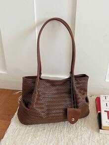 New Elegant Vintage Woven Texture Women's Large Tote Shoulder Bag, Soft Shopping Handbag, Fashionable Office Commute Daily Bag With Leather Charm - Brown - View 9