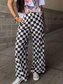 Women's Spring/Autumn New Fashionable Minimalist Checkerboard Print Casual Pants, Personalized Niche Loose Wide-Leg Trousers Suitable For Work, Commute, Office, Travel, Party, School, Home, Daily Versatile Wear - White Ink - View 2