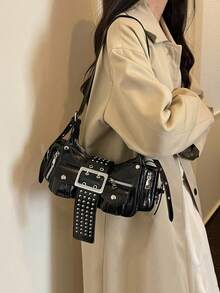 American Motorcycle Style Rivet Underarm Bag For Women, Hot Girl Multi-Pocket Practical Shoulder Crossbody Cool Retro Women's Bag - Black - View 3