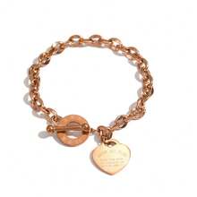 Women's Stainless Steel Heart Engraved Titanium Chain Bracelet With T-Bar Clasp, Suitable For Daily Wear And Date Night As A Gift - T-bar Bracelet - View 11