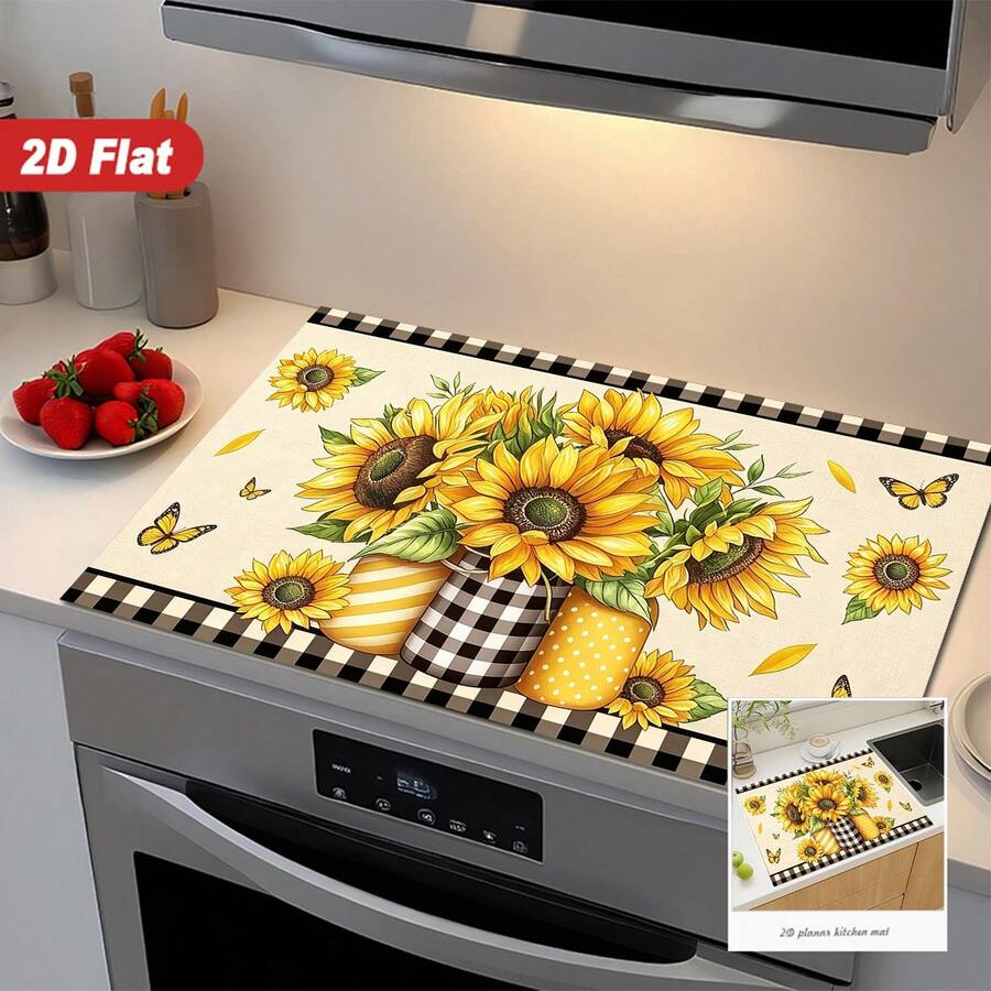 (Hot !!) 1pc Sunflower 2D Printed Flat Stove Protector Mat, Rubber Non-Slip Heat-Resistant Stove Cover Pad, Suitable For Induction Cooktop, Glass Stove, Multi-Function Anti-Scratch Mat, Best Choice For Oven, Washing Machine, Dryer, Kitchen Decor - Multicolor - View 1