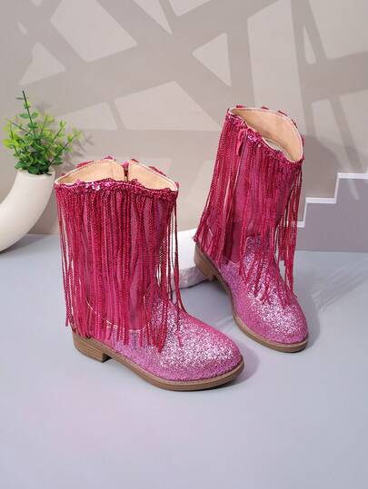1 Pair Girls' Glitter Sequin Tassel Glitter Faux Leather Non-Slip Soft Sole Round Toe Mid-Calf Inner Zipper Low Square Heel Western Cowboy Boots, Stage Performance Halloween Party Daily Wear Princess Cowboy Boots