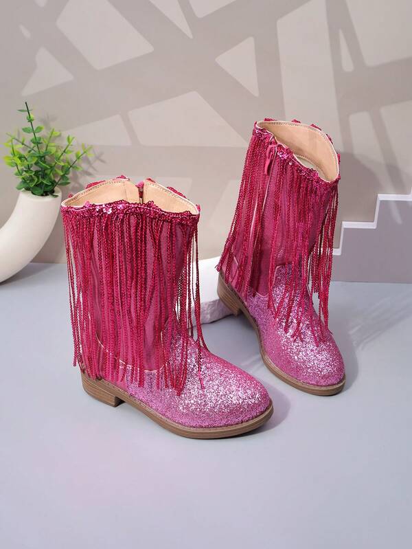 1 Pair Girls' Glitter Sequin Tassel Glitter Faux Leather Non-Slip Soft Sole Round Toe Mid-Calf Inner Zipper Low Square Heel Western Cowboy Boots, Stage Performance Halloween Party Daily Wear Princess Cowboy Boots
