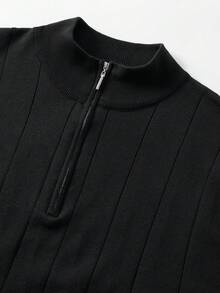 Sweater Polo Pria Musim Gugur/Dingin Serbaguna Bergaris Potongan Slim Fit Bahu Reguler Kerah Resleting Lengan Panjang - Hitam - View 8