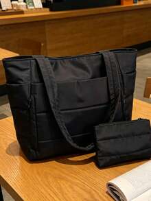 Casual And Minimalist Style, Fashionable Solid Color Series Quilted Tote Bag, Large Capacity Versatile Texture Shoulder Bag, Can Accommodate Tablets - Black - View 5