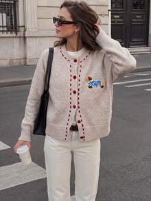 Women's Round Neck Red Button Knit Cardigan Sweater, Winter Christmas New Year Vintage Colorblock Long Sleeve Top, Suitable For Autumn - Apricot - View 4