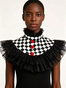 1 buah Kerah Tulle Berumbai Motif Kotak-kotak Hitam & Putih untuk Badut, Dapat Dilepas, dengan Pom-Pom Merah, Aksesori Leher untuk Kostum Pesta Halloween Dewasa - A - View 3