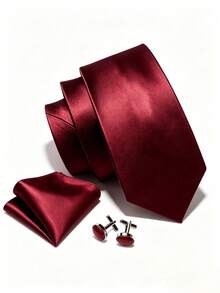 1pc Barry Wang Silk Men's Tie Set, Gold & Dark Green Solid Color Tie, Pocket Square, Cufflinks Set, Wedding, Business, Banquet - Burgundy - View 3