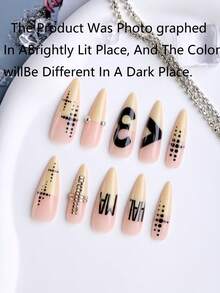 Y2K Gothic-Punk-Style Long Pointed False Nails; Nude-Beige Base, Black Lettering, Polka Dots, Rhinestones, And Steel Beads-Perfect For Women's French Tip Nails For Everyday Wear, Dates, Parties, And Holiday Looks. - Multicolor - View 3