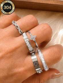 ZCNC Znice 304 Stainless Steel + Copper Stackable Ring Set, Women's, 5pcs Clover, Full Rhinestone And Enamel Heart Sparkling Rings, Hypoallergenic Minimalist Jewelry, Perfect Mother's Day Gift, Summer Vacation Accessory - Silver - View 3