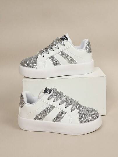 1 Pair Girls' Silver Sequin Minimalist Lace-Up Casual White Sneakers Flat Shoes