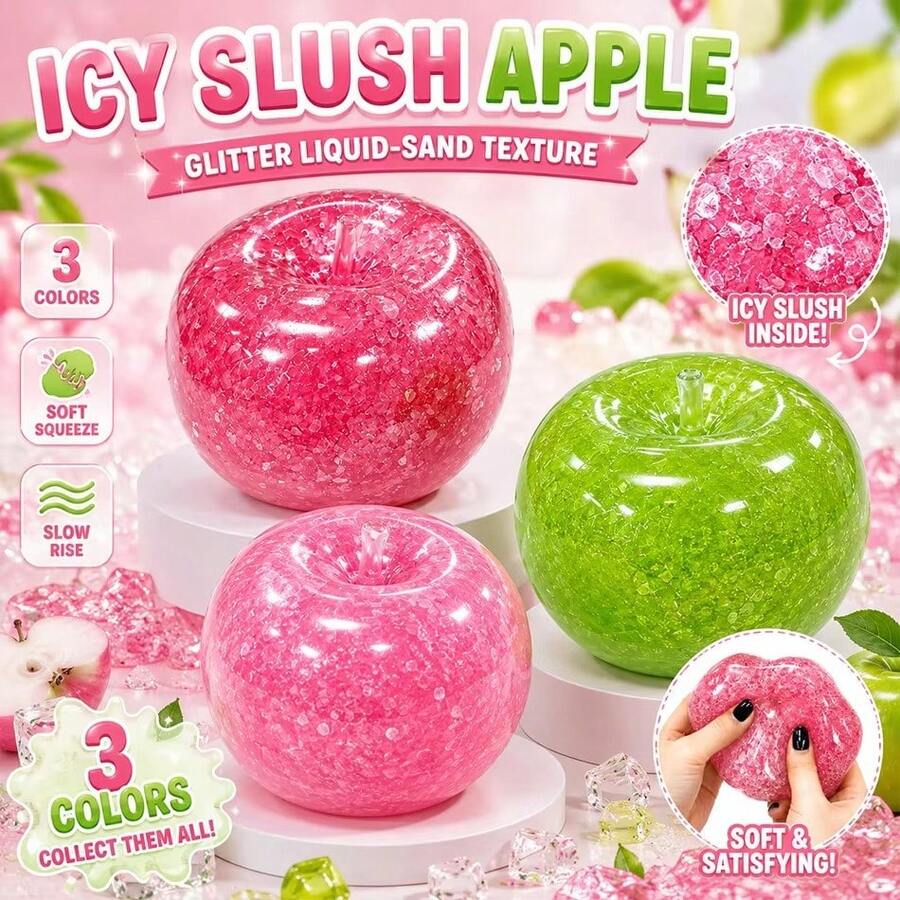 Shiny Sequin Ice Cream Apple Stress Squeeze Ball, Stretchable Durable Smooth Soft Plush Squeeze Ball, Slow Rebound Fluffy Squeeze Ball, Elastic Non-Sticky Odorless, Fun Random Color Collectible Fruit Lover Gift