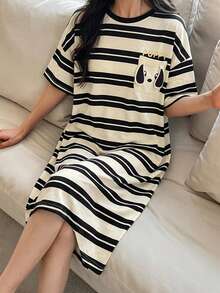 DAZY 1pc Women's Sleepwear Set, Short Sleeve Striped Nightgown With Cartoon Dog Pattern Pocket Decor, Suitable For Outdoor Wear, Spring/Summer - Multicolor - View 1