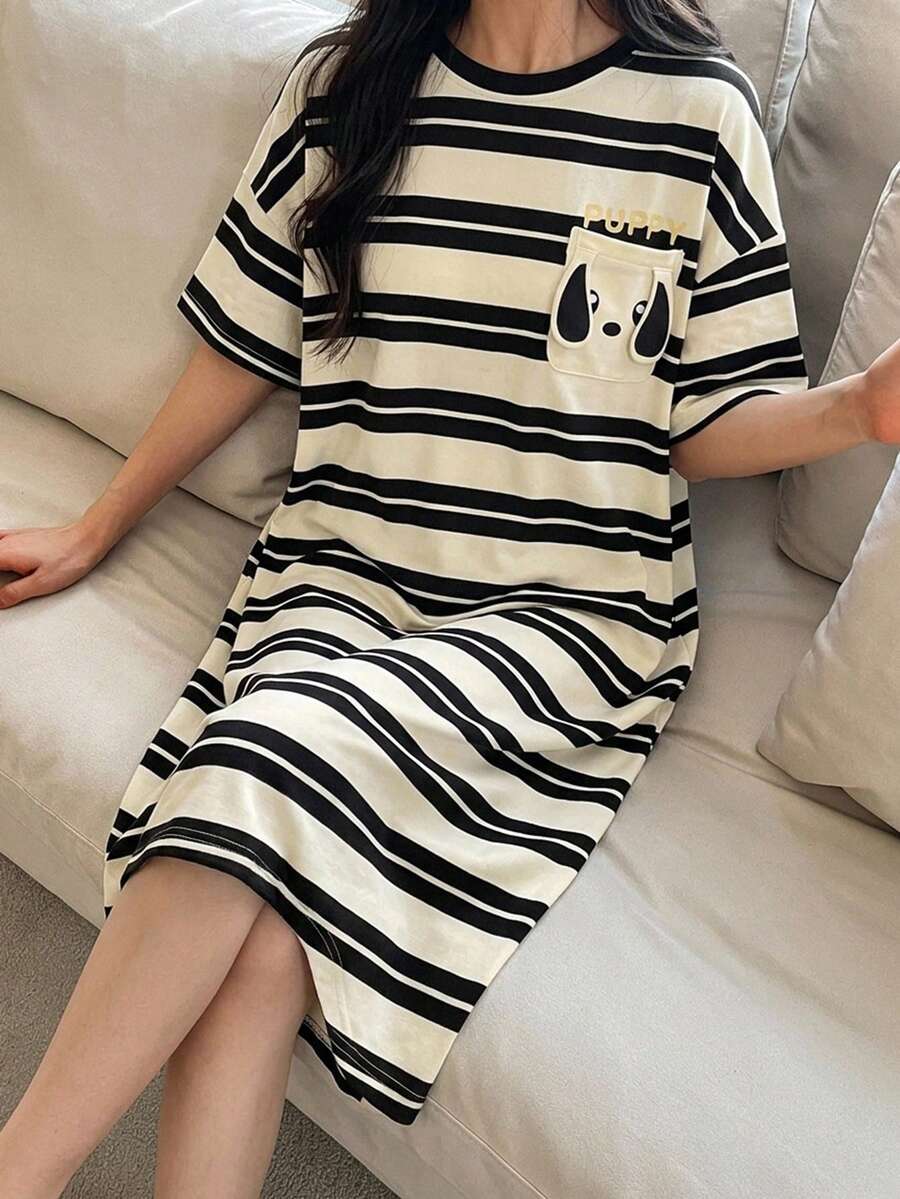 DAZY 1pc Women's Sleepwear Set, Short Sleeve Striped Nightgown With Cartoon Dog Pattern Pocket Decor, Suitable For Outdoor Wear, Spring/Summer - Multicolor - View 1
