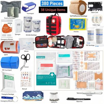 Bolsa de supervivencia de 155/378 piezas con sistema de sujeción MOLLE y componentes MOLLE compatibles: equipo portátil e integrado para actividades al aire libre, ideal para acampar y la oficina. Regalo perfecto para hombres, padres, maridos e hijos (sin incluir baterías ni dispositivos electrónicos).