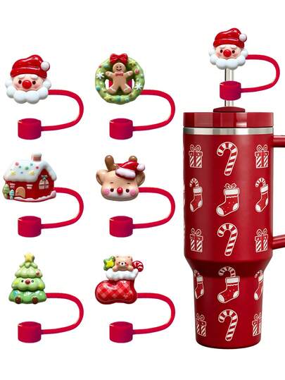 1pc/6pcs Christmas Theme Silicone Straw Caps, Fits 30&40oz Tumblers, 10mm Straw Top Covers, Reusable Dust-Proof Straw Caps, Cartoon Straw Tip Covers, Cup Accessories, Suitable For Home Daily Use, Car Travel, Christmas Party, Creative Christmas Stocking Stuffer Gift