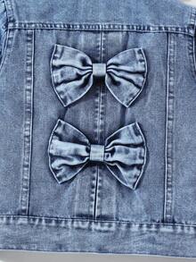 Baby Girls Spring/Autumn Fashion Street Style Vintage Washed Light Blue Denim Jacket With Faux Pockets And 3D Butterfly Back Decor, Sweet Cute Preppy Style, Suitable For Spring/Autumn Wear, Daily Outings, Kindergarten, Parties And Family Casual Occasions, Baby Jacket, Denim Jacket - Light Wash - View 7