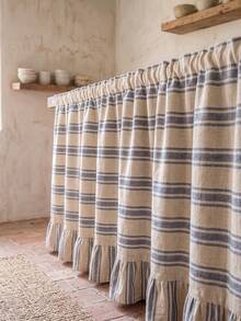 1/2pcs Beige & Blue Horizontal Striped Sink Skirt, Rustic Country Style Fabric Material, Rectangular Top With Pleated Detail And Bottom Ruffle Hem, Concealing Storage And Decorative Function, Kitchen Sink Curtain Suitable For Kitchen Sink Concealment And Natural Country Home Decor Scenes - Blue - View 8