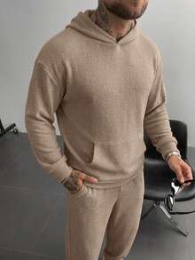 Soft Textured Hoodie & Jogger Pants Set, Kangaroo Pocket Hooded Sweatshirt + Cuffed Sweatpants, Loose Casual 2 Pieces Outfit For Home And Outings - Khaki - View 3