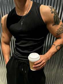 Men's Solid Color Fitness Sports Tank Top, Black, Summer - Black - View 11