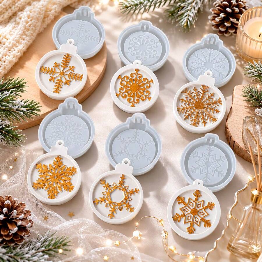 6pcs Snowflake Silicone Resin Molds Set, 6 Styles Hanging Tag Resin Casting Molds With Hole For Epoxy Resin, Aroma Stone, Wax Soap, Candle, DIY Xmas Tree Pendant Winter Holiday Decorations - Snowflake - View 1