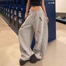 Pantalones para mujer, pantalones deportivos holgados de color azul marino con bordado de perro teckel, cintura alta con cordón elástico, corte amplio, pantalones deportivos informales. - A - Ver 2