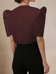 Modern Filipiniana Retro Floral Printed Puff Sleeve Blouse, Spring/Summer - Coffee Brown - View 2