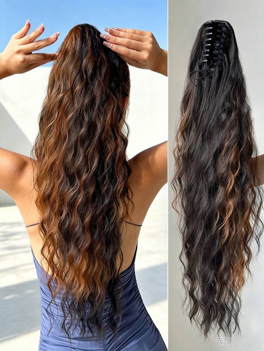 28 Inch Deep Brown Wavy Curly Clip-In Ponytail Hair Extensions, Soft & Natural, Synthetic Hair Piece, For Women