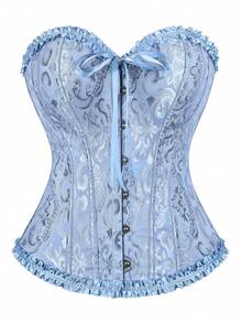 緊身束腰上衣 胸前式 Bustier 經典緹花 無肩帶 心形領口 荷葉邊飾 腰部塑形 宮廷復古風 萬聖節 腹部加壓收腰束腹帶 - 霧霾藍 - 查看 2