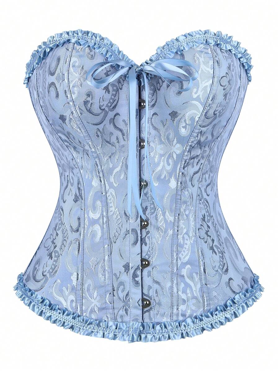緊身束腰上衣 胸前式 Bustier 經典緹花 無肩帶 心形領口 荷葉邊飾 腰部塑形 宮廷復古風 萬聖節 腹部加壓收腰束腹帶