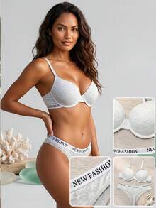 Letter Print Push-Up Bra & Panty Set, Underwire Bra And Panties 2-Piece Set - Light Grey - View 8