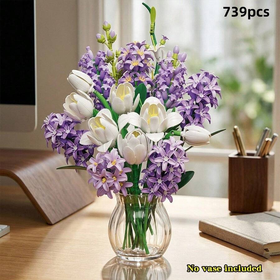 739 قطعة مجموعة بناء زهور DIY، نموذج بناء زهور اصطناعية من التوليب والياقوتية، زينة ديكور مكتب منزلي، لعبة تجميع إبداعية، هدية مثالية للذكرى السنوية وعيد الميلاد، المزهرية غير مشمولة - متعدد الألوان - مشاهدة 1