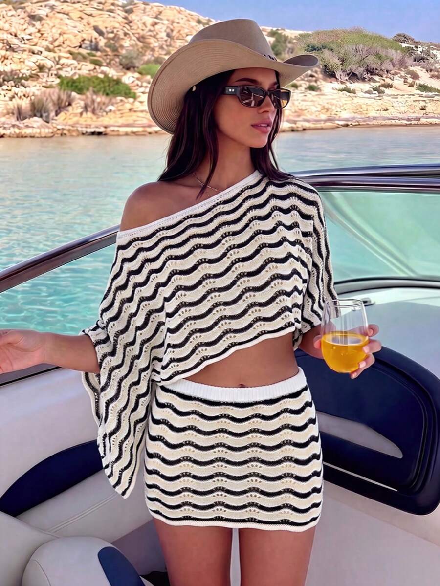 女款性感波西米亞風鉤編波浪兩件式套裝,度假風半透短版上衣與迷你裙,時尚沙灘罩衫夏季款 - 彩色 - 查看 1