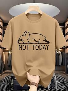 夏季休閒百搭「NOT TODAY」懶狗印花圓領短袖T恤 - 棕色 - 查看 1