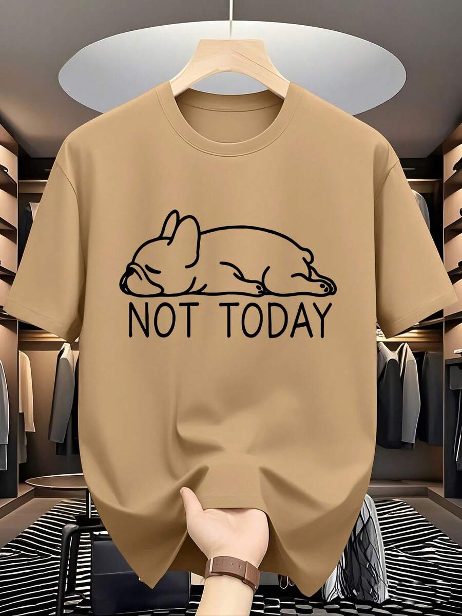 夏季休閒百搭「NOT TODAY」懶狗印花圓領短袖T恤 - 棕色 - 查看 1