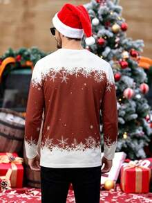 Men's Autumn/Winter Christmas Holiday Snowman Bird Christmas Tree Print Button Collar Long Sleeve T-Shirt - Multicolor - View 2