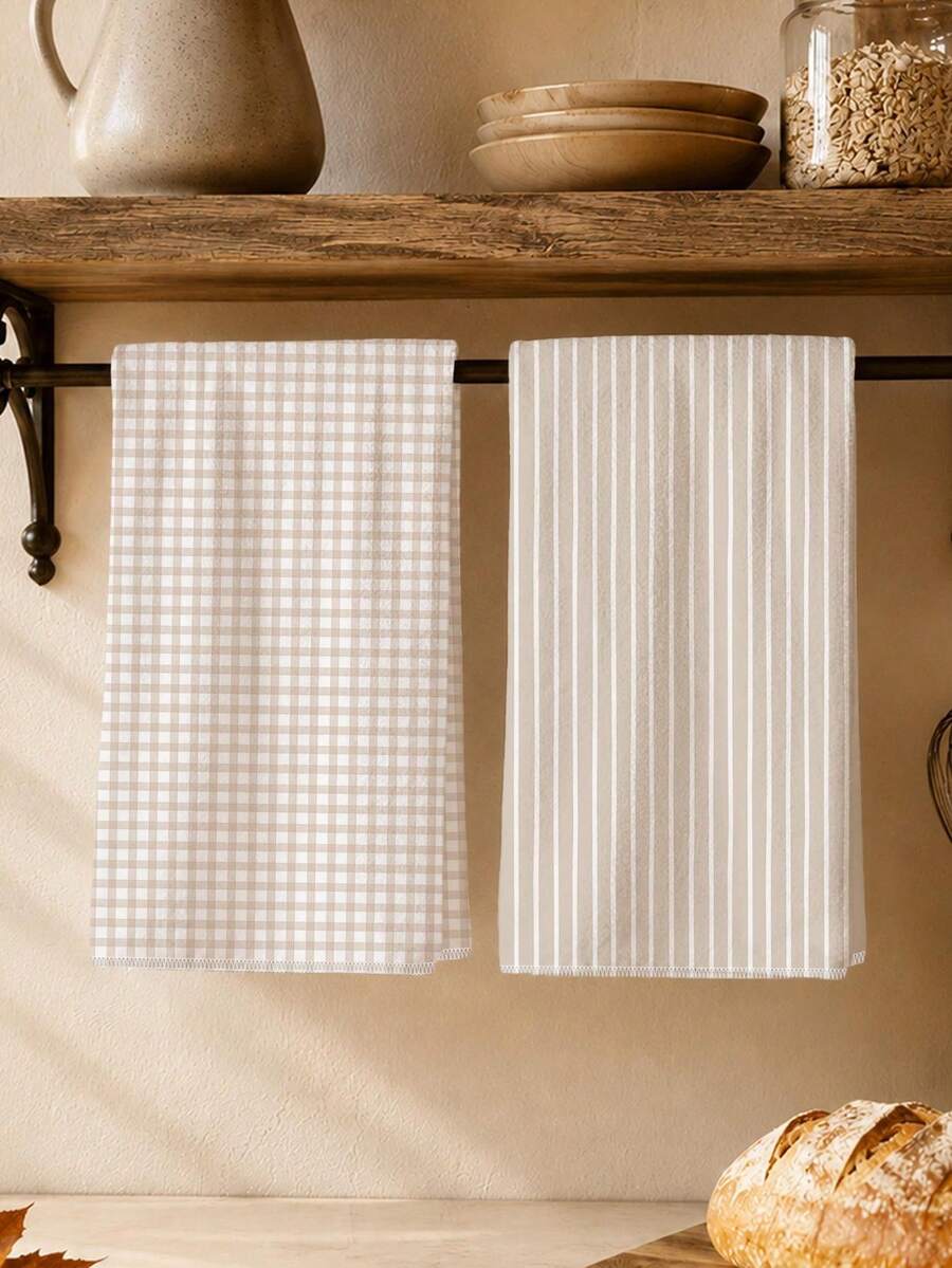 MEMNUN 2入奶茶色格紋條紋幾何印花廚房毛巾 40*60cm/45*70cm 超細纖維聚酯纖維材質 現代柔軟抹布 廚房毛巾、洗碗巾、手巾、抹布、家居裝飾、廚房裝飾、烹飪烘焙手巾 廚房配件 可機洗 清潔用品 適合餐廳廚房 日常裝飾與禮品 全季節適用 - 彩色 - 查看 1