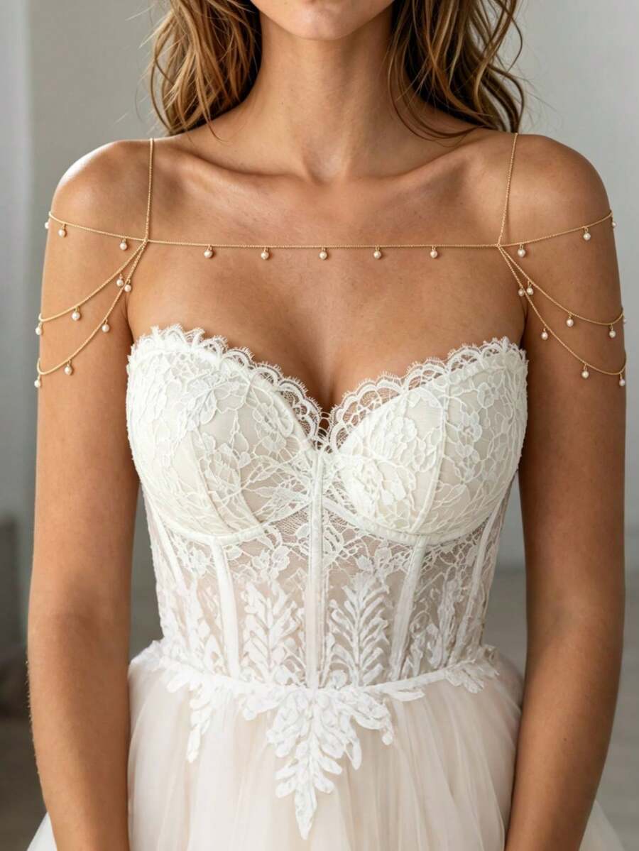 1pc Rhinestone Flower Tassel Shoulder Chain, Luxury Pendant Body Chain, European And American Fashion Bridal Wedding Top Accessory - Gold - View 1